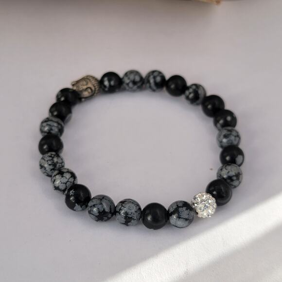 Vintage snowflake obsidian Buddha bracelet rhinestone accent stretch - Picture 9 of 10